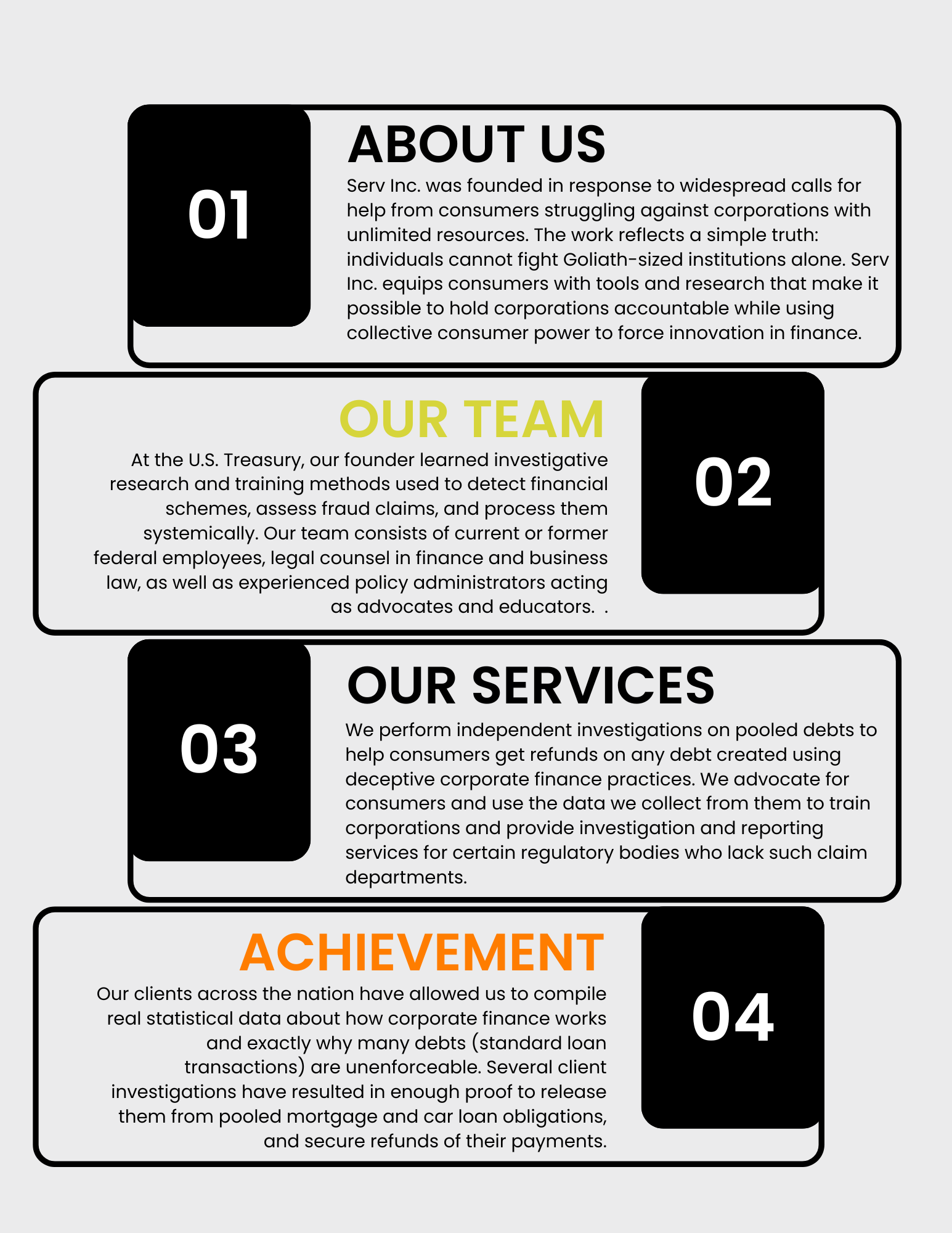 Media Kit Page 2 — About, Team, Services, Achievement