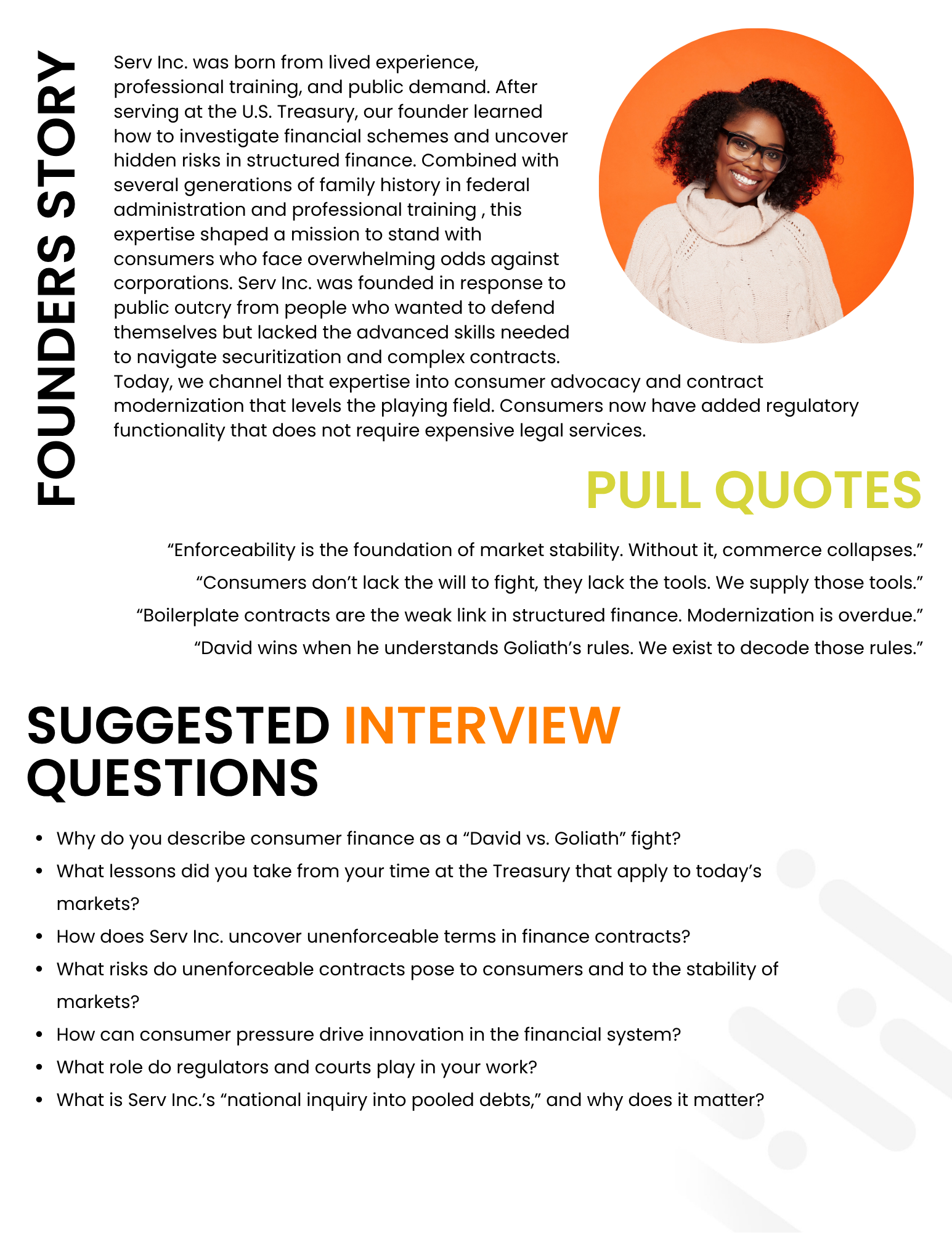 Media Kit Page 3 — Founder's Story and Suggested Interview Questions