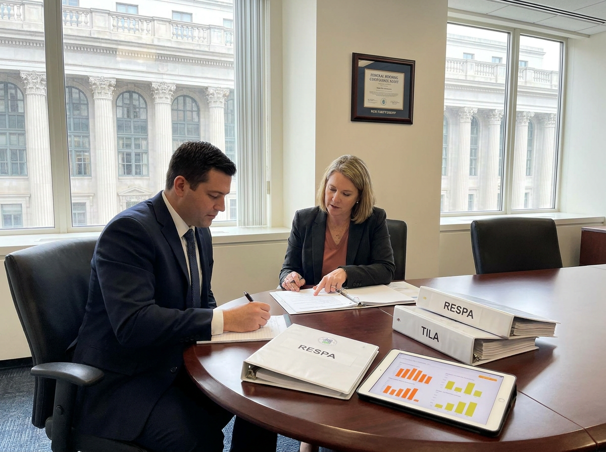 Two Serv Inc. professionals reviewing mortgage compliance records in an office.