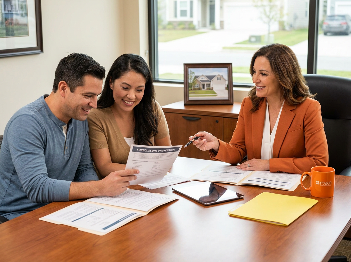 A housing counselor reviewing mortgage paperwork with homeowners at a desk.