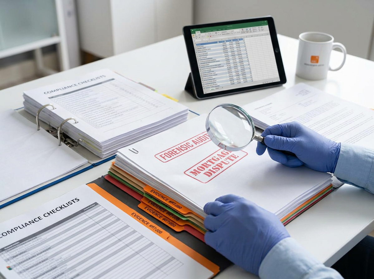 Forensic review of mortgage servicing documents and compliance checklists.