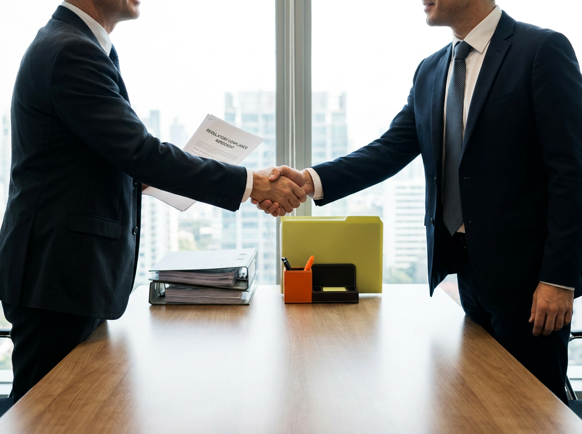 Two professionals shaking hands over a signed partnership agreement.
