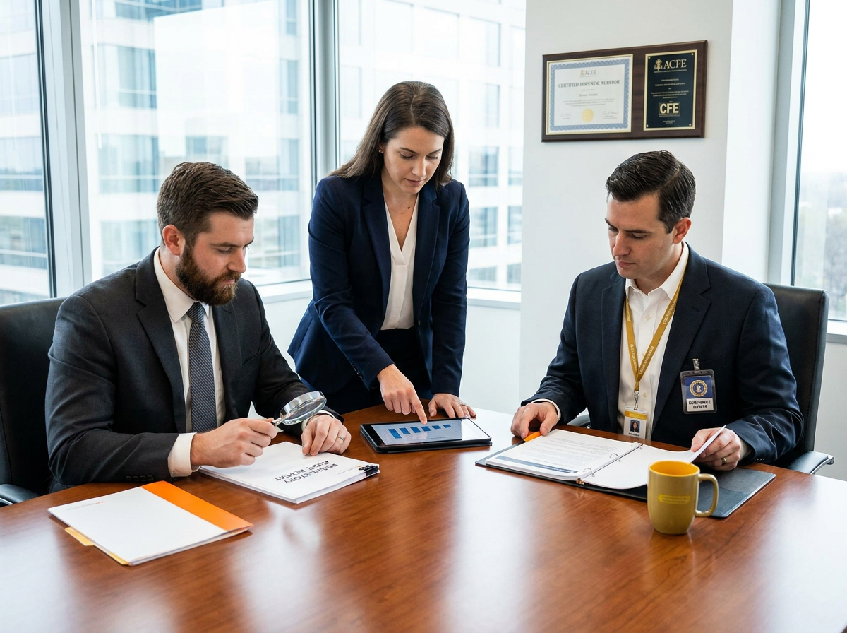Compliance professionals examining mortgage servicing records with a magnifying glass.
