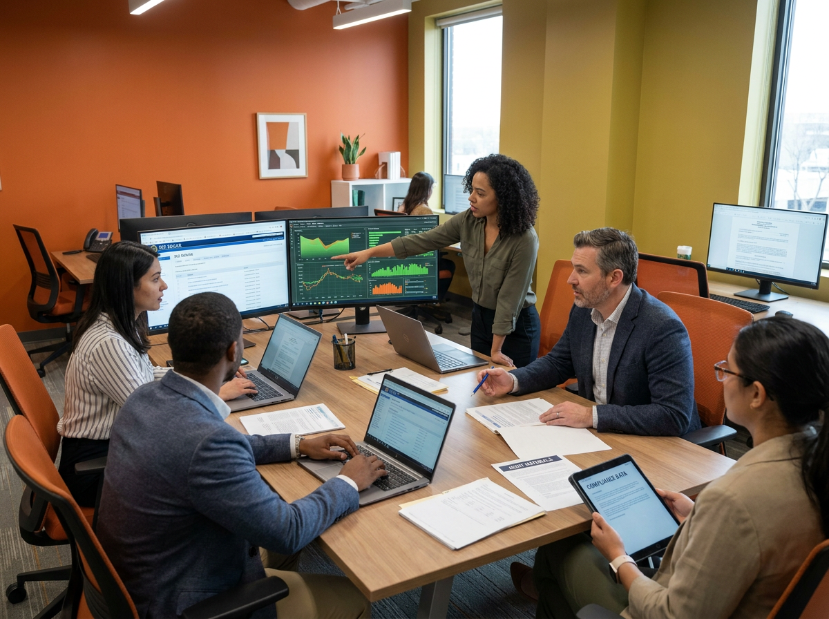 Serv Inc. research team reviewing housing data on screens.